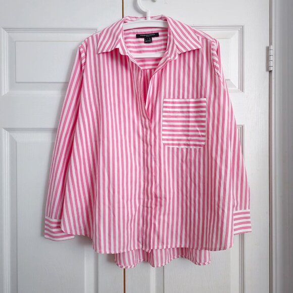 French Connection Pink Relaxed-Fit Striped Popover High-Low Hem Shirt - S - Picture 2 of 3